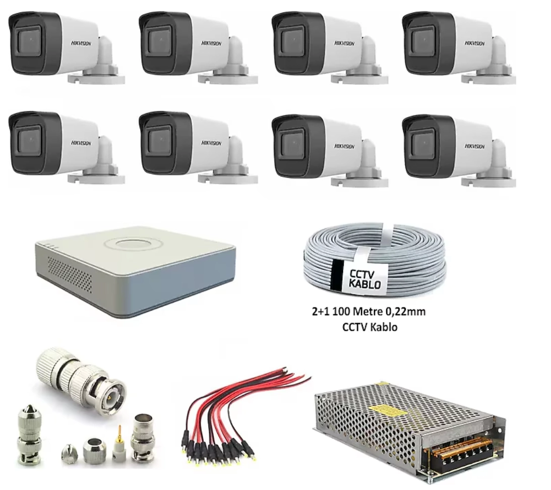 Hikvision DS-2CE16D0T-EXIPF 2 MP Full HD 1080P Bullet Güvenlik Kamera Seti 8'li